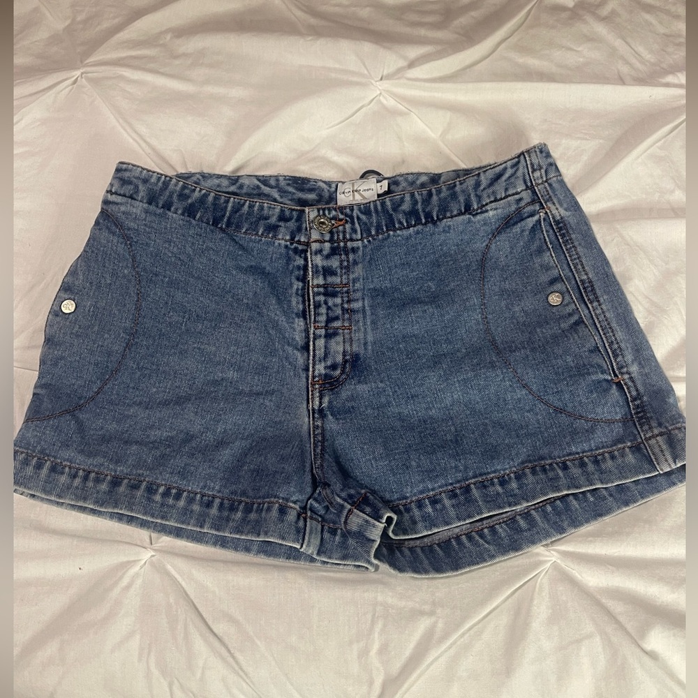 Calvin Klein Jeans Juniors 90s Y2K Vintage Low Rise Button Fly Blue Denim Shorts